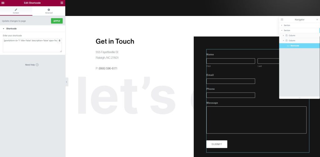 Screenshot showing Elementor Widget with Gravity Form inside